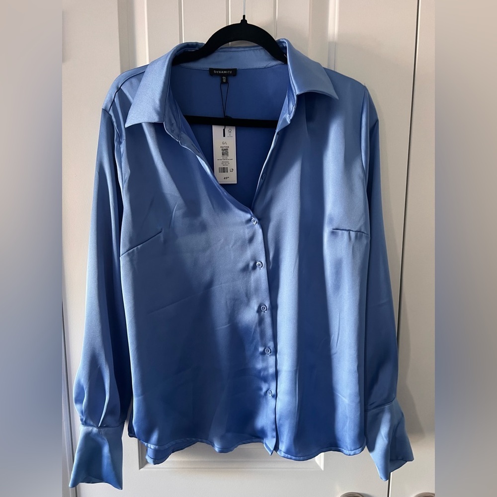 Dynamite Light Blue Satin Button-Down Shirt - Picture 2 of 4